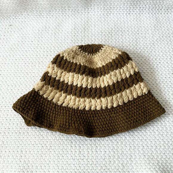 Handmade Crochet Brown Beige Tan Stripe Bucket Hat One Size Boho - Picture 3 of 10